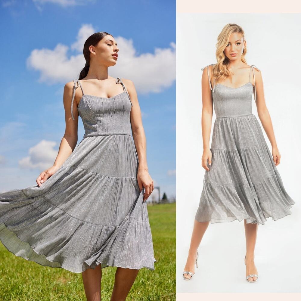 DRESS THE POPULATION Dream Silver Metallic Dress Tiered Midi Cocktail Wedding